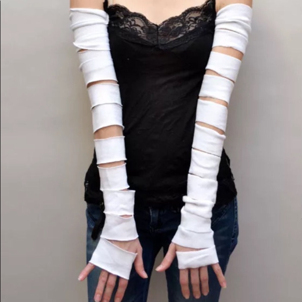 White Long Arm Warmers Cotton Gloves Ripped Torn Cut Out Covers Mummy Sleeves